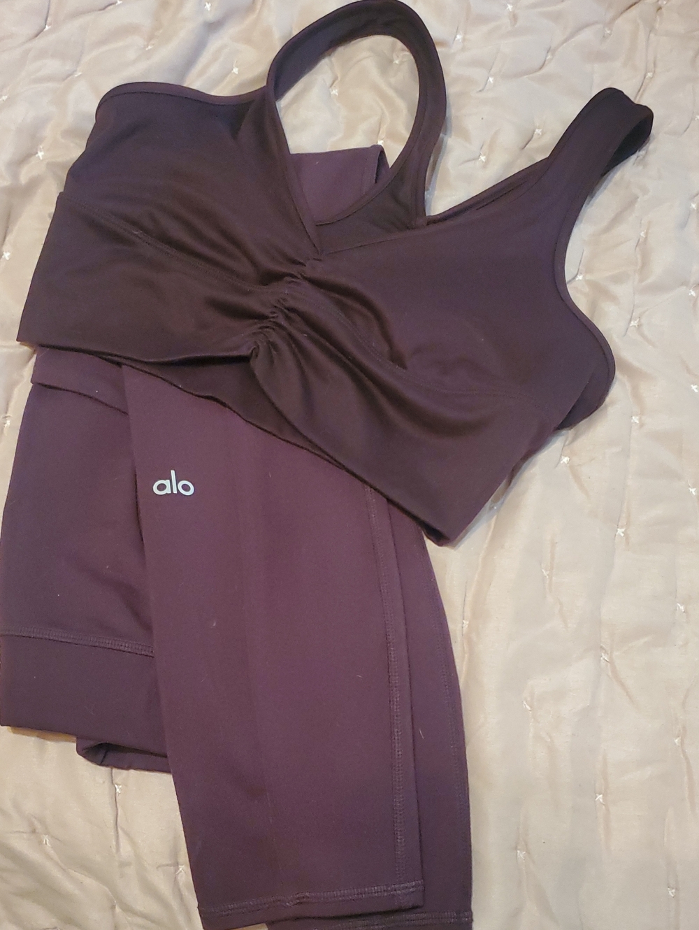 ALO Yoga Deep Plum Wild Thing Sports Bra and Jeggings Set